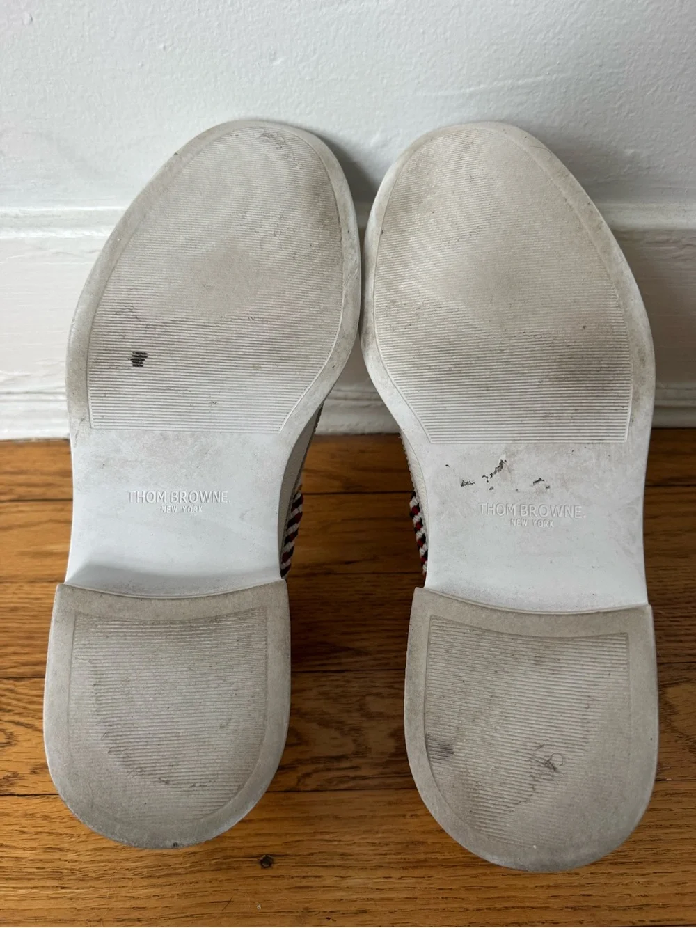 Thom Browne White Leather Boat Shoes with Red-Black-Cream Rope Laces